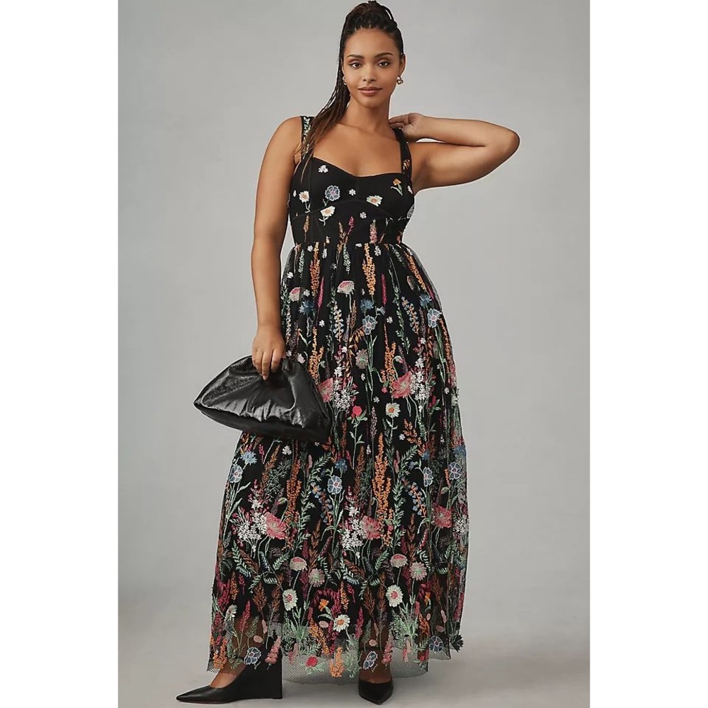 Anthropologie All Saints Floral Embroidered Mesh Maxi Dress Black Wildflower